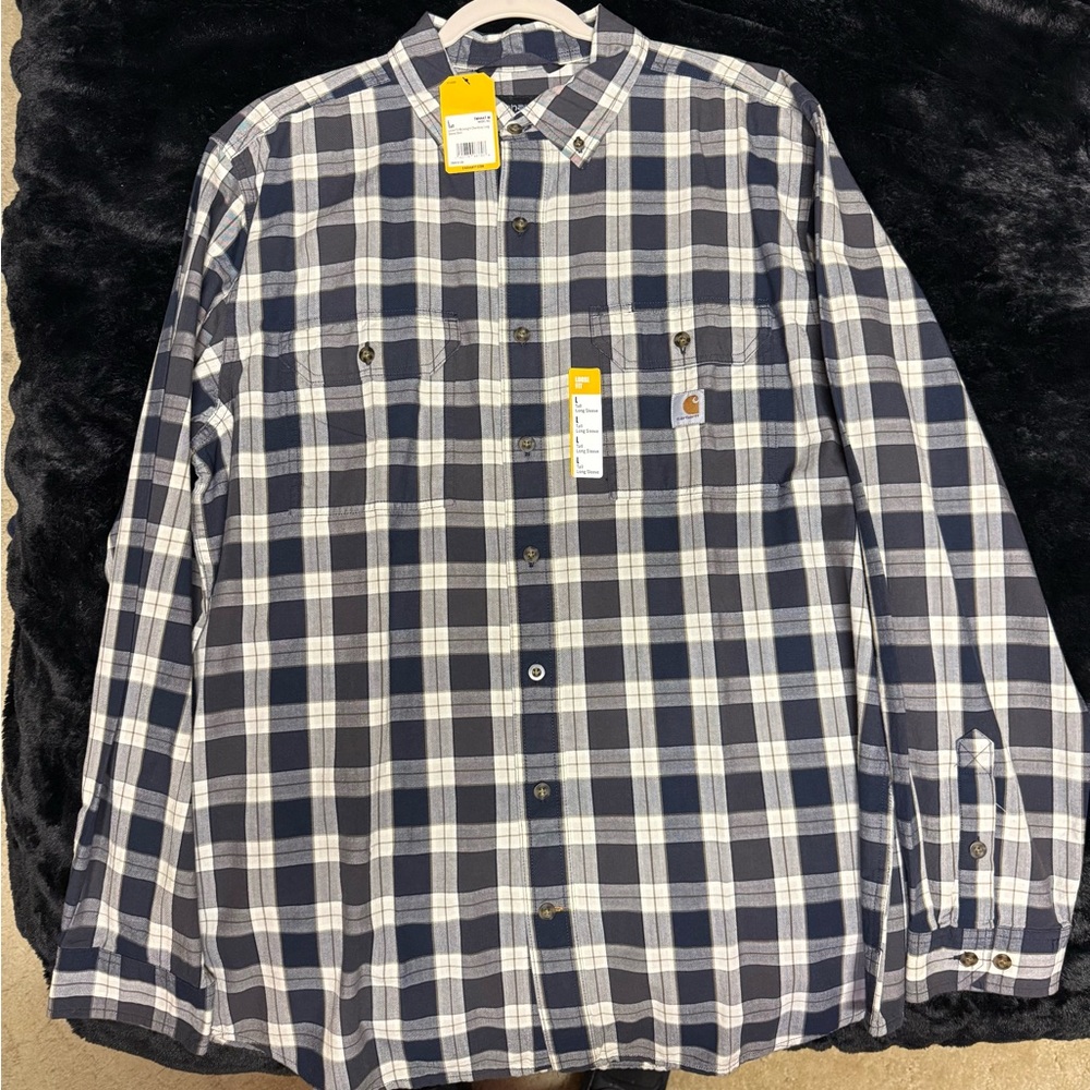 NWT Carhartt Plaid Button-Down Shirt in Navy and White